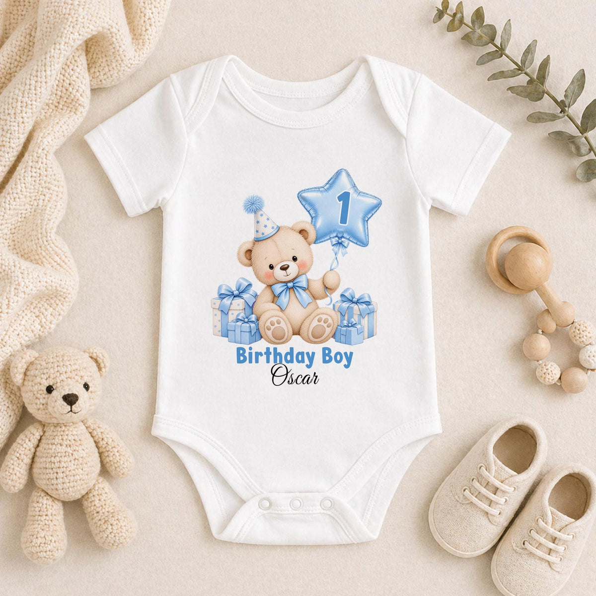 Personalised 1st birthday baby vest, blue teddy bear star balloon design with name