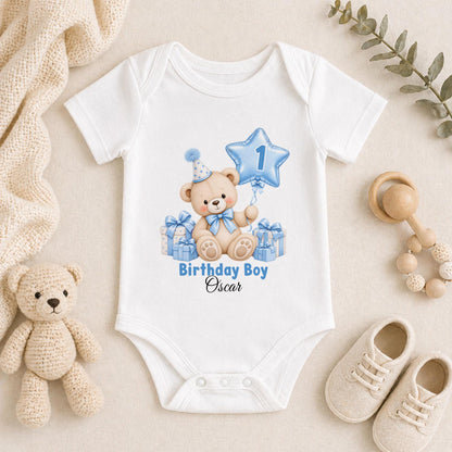 Personalised 1st birthday baby vest, blue teddy bear star balloon design with name