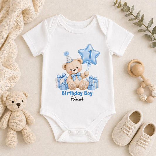Personalised 1st birthday baby vest, blue teddy bear star balloon design with name