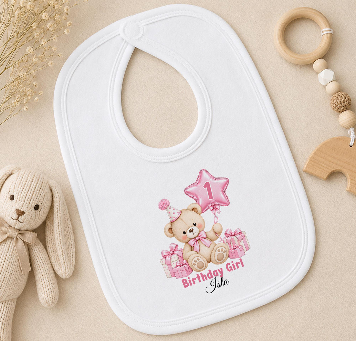 Personalised 1st birthday bib, pink teddy bear star balloon design with name