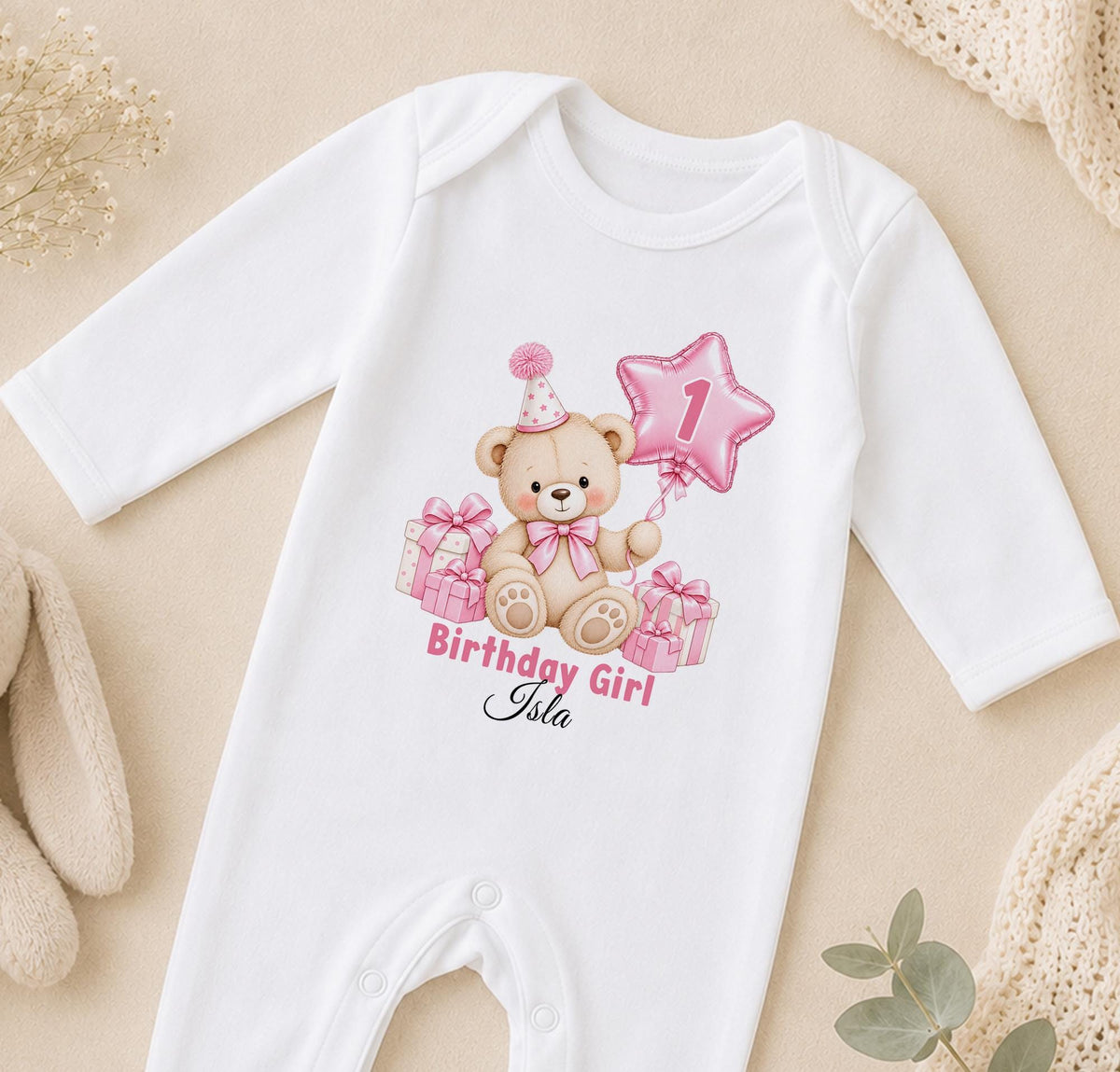 Personalised 1st birthday sleepsuit, pink teddy bear star balloon design with name