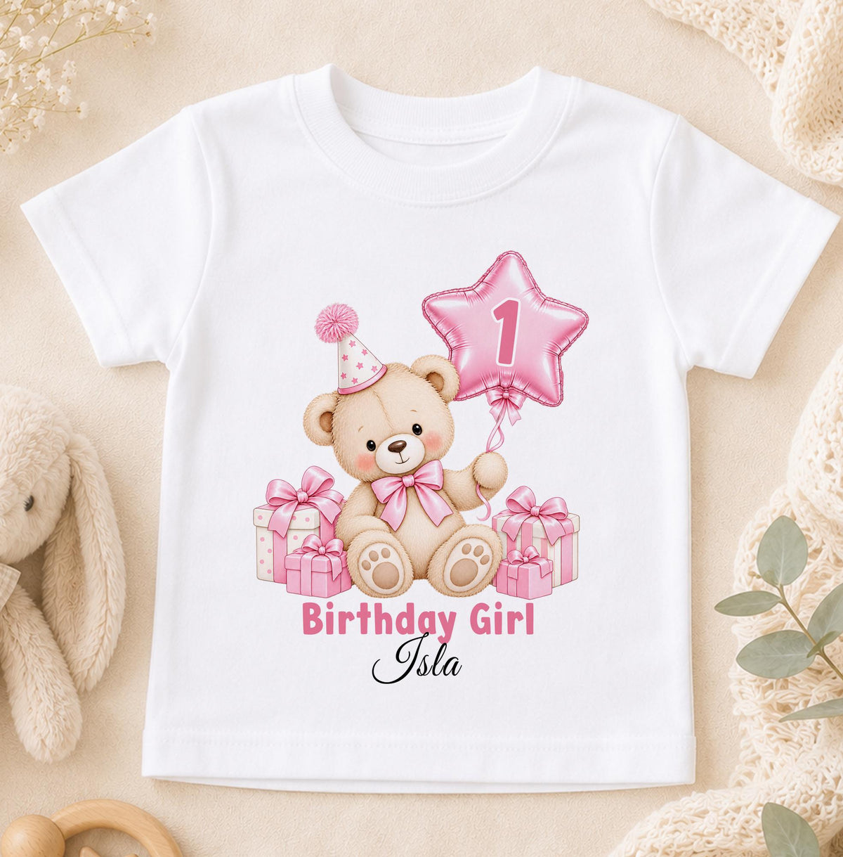 Personalised 1st birthday t-shirt, pink teddy bear star balloon design with name