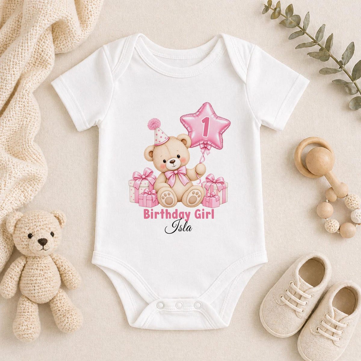 Personalised 1st birthday baby vest, pink teddy bear star balloon design with name