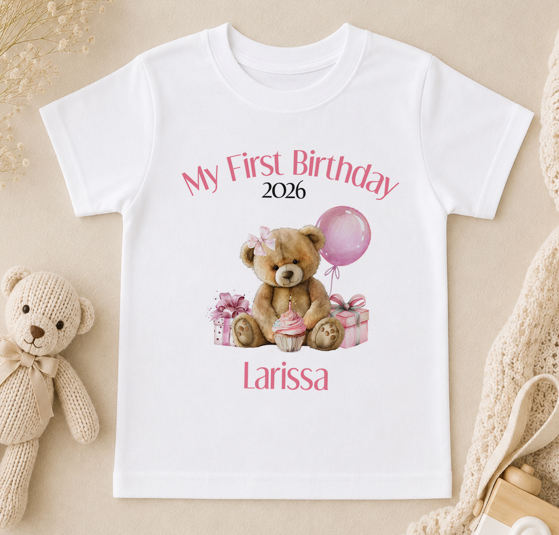 Personalised 1st birthday t-shirt, Teddy Pink Balloon My First Birthday design with name