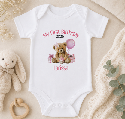 Personalised 1st birthday baby vest, Teddy Pink Balloon My First Birthday design with name