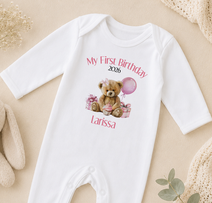 Personalised 1st birthday sleepsuit, Teddy Pink Balloon My First Birthday design with name