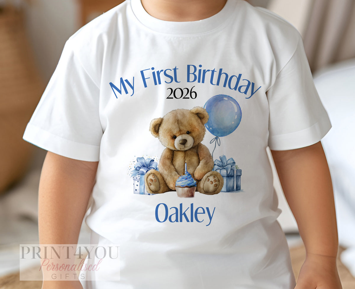Close-up of the blue teddy bear first birthday print on a personalised toddler T-shirt