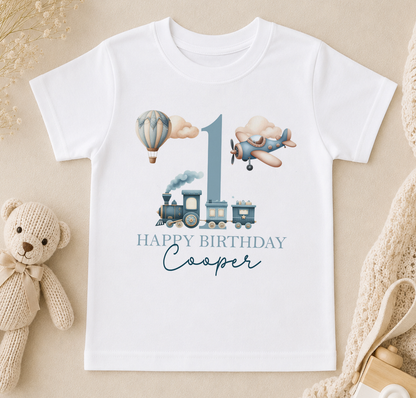 Personalised 1st birthday t-shirt, Train Plane Hot Air Balloon design with name