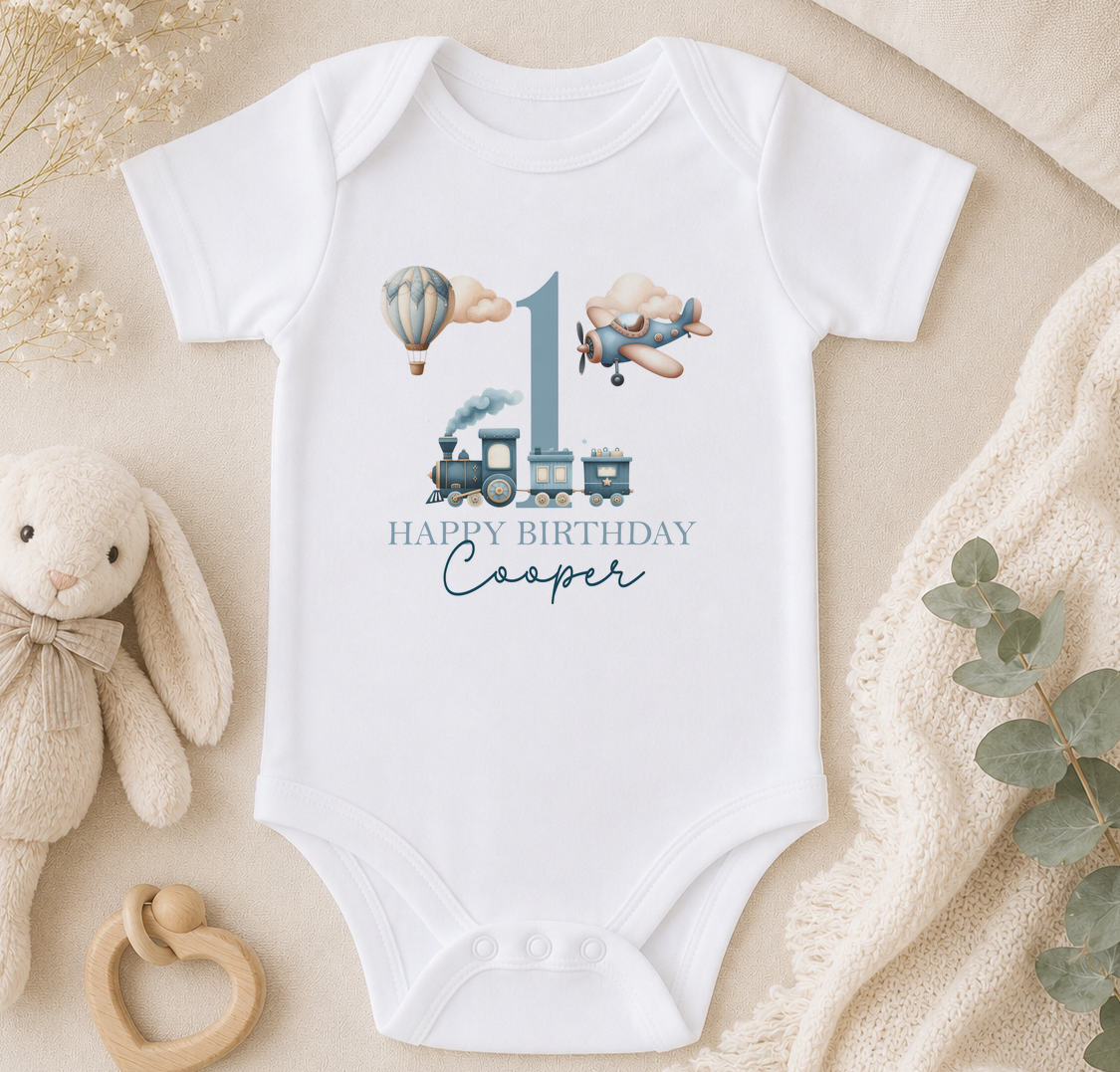 Personalised 1st birthday baby vest, Train Plane Hot Air Balloon design with name