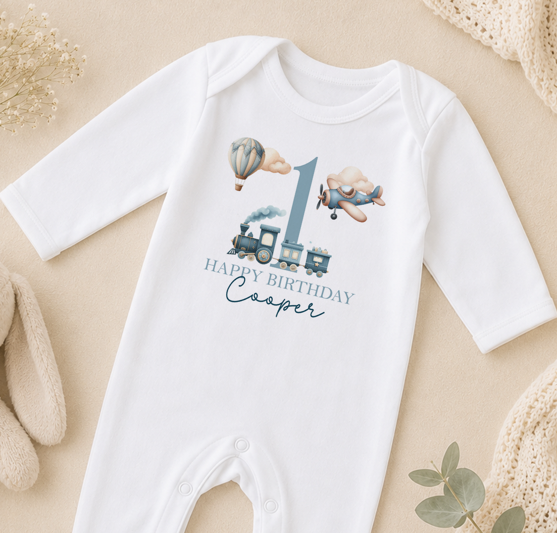 Personalised 1st birthday sleepsuit, Train Plane Hot Air Balloon design with name
