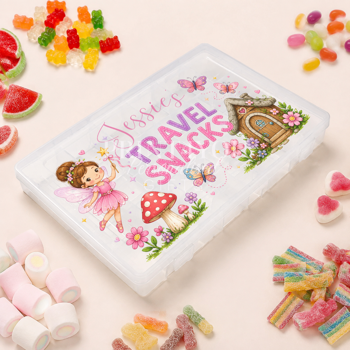 Personalised children's travel snack box with a pink fairy, flowers and magical fairy house