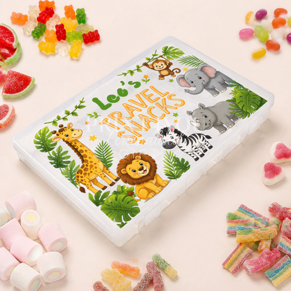 Personalised children's travel snack box featuring colourful jungle and safari animals