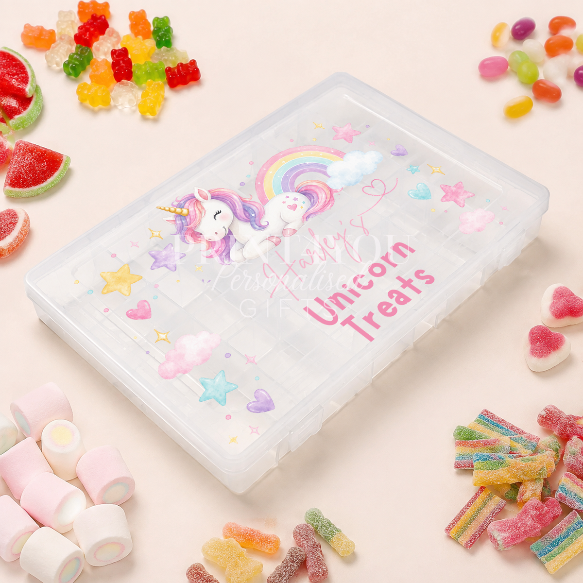 Personalised children's travel treat box featuring a pastel unicorn, rainbow and stars
