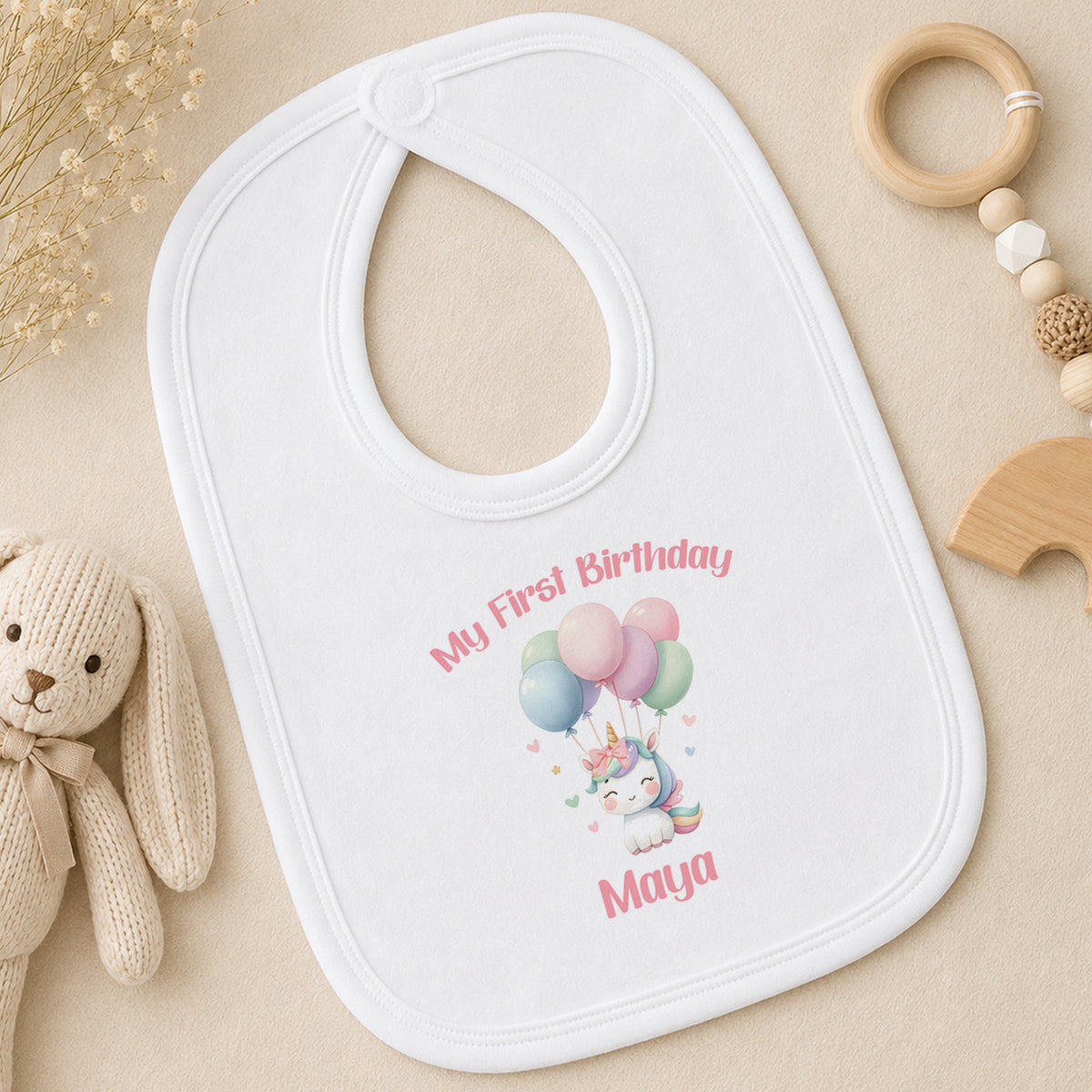 Personalised Unicorn & Balloons First Birthday bib