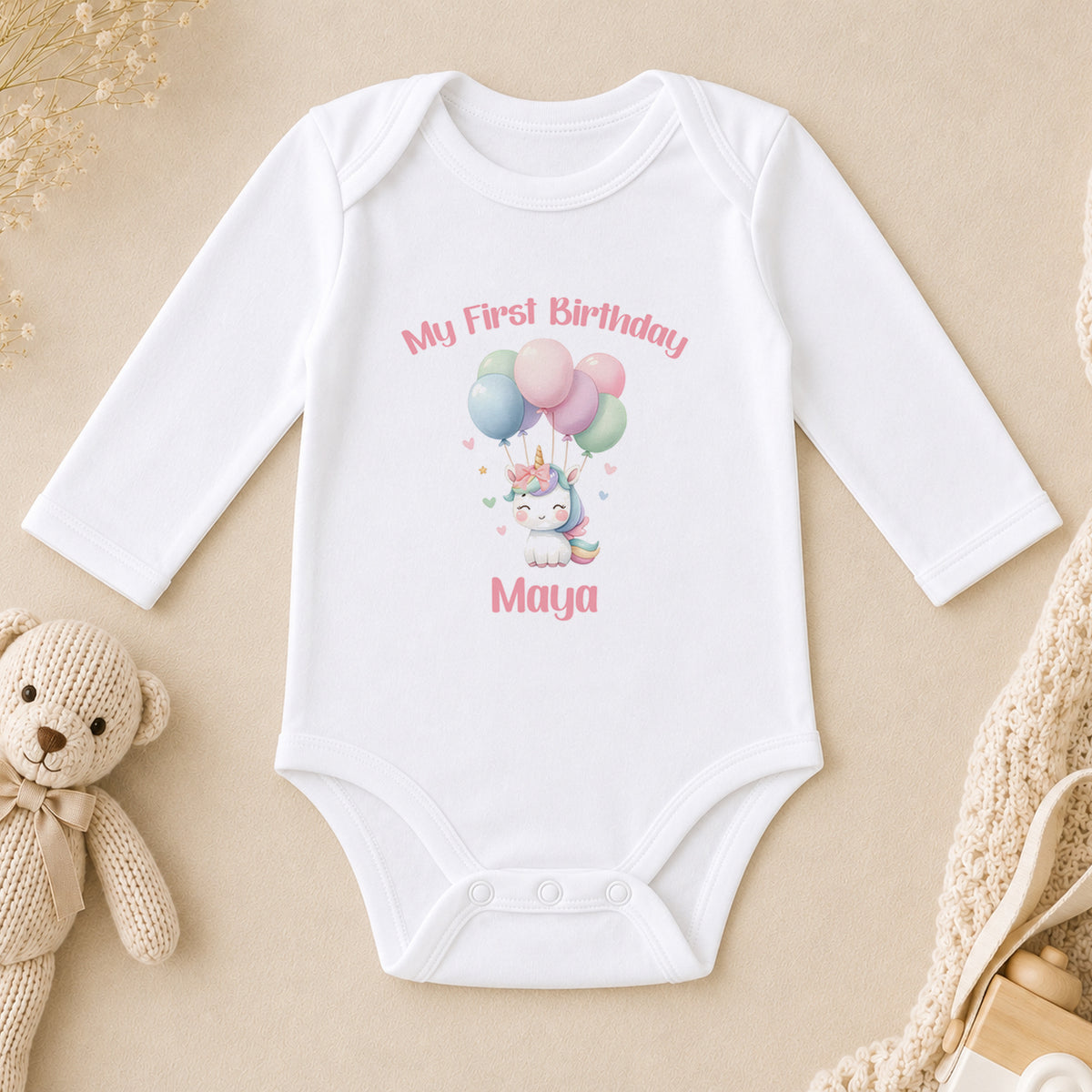 Personalised Unicorn & Balloons First Birthday long sleeve vest