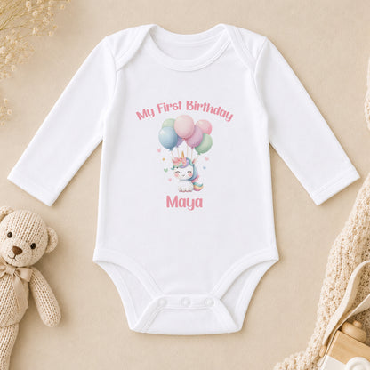 Personalised Unicorn & Balloons First Birthday long sleeve vest