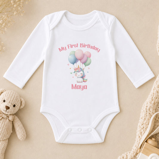 Personalised Unicorn & Balloons First Birthday long sleeve vest