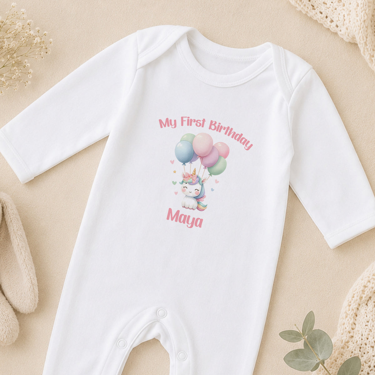 Personalised Unicorn & Balloons First Birthday sleepsuit