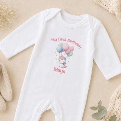 Personalised Unicorn & Balloons First Birthday sleepsuit