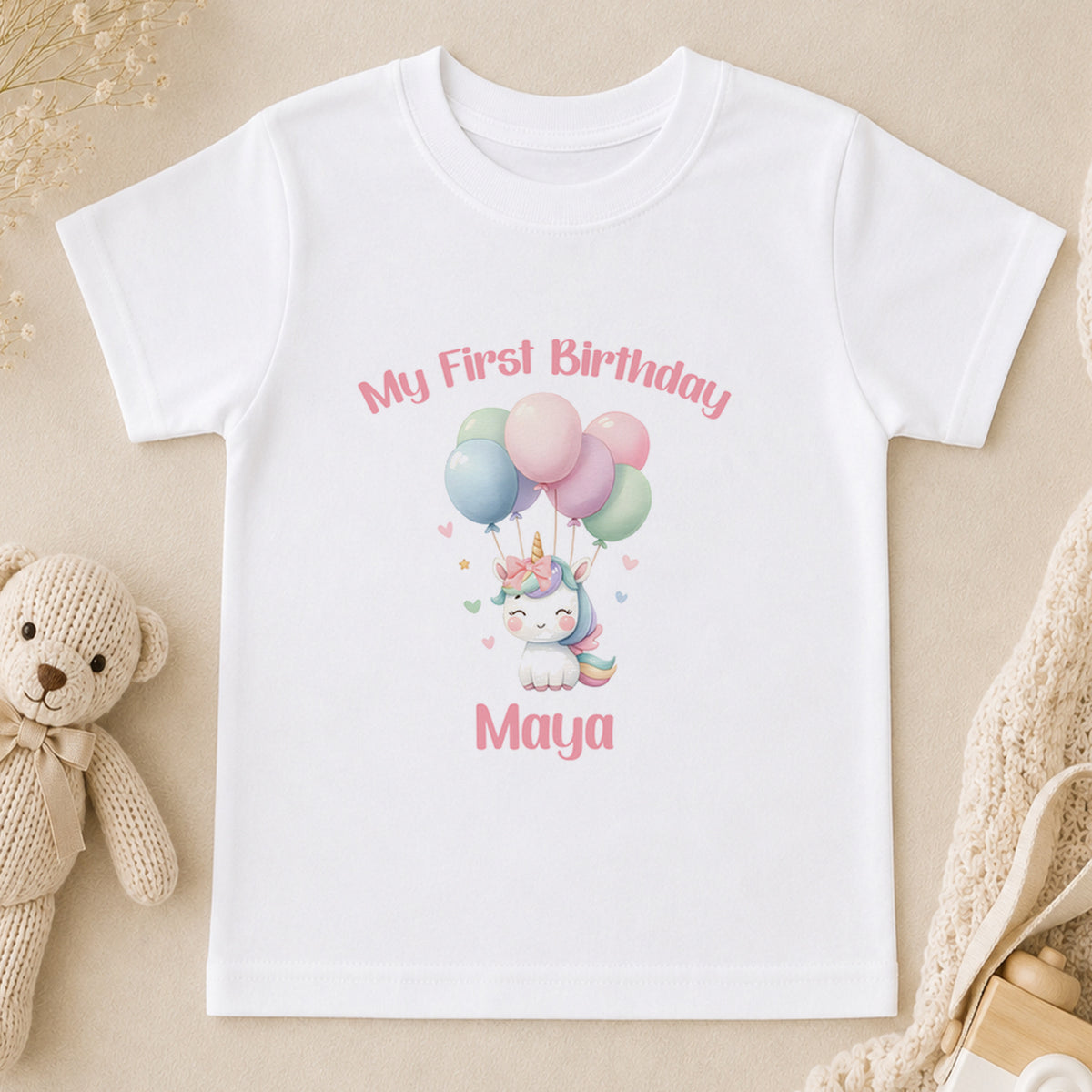 Personalised Unicorn & Balloons First Birthday t-shirt
