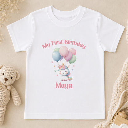 Personalised Unicorn & Balloons First Birthday t-shirt