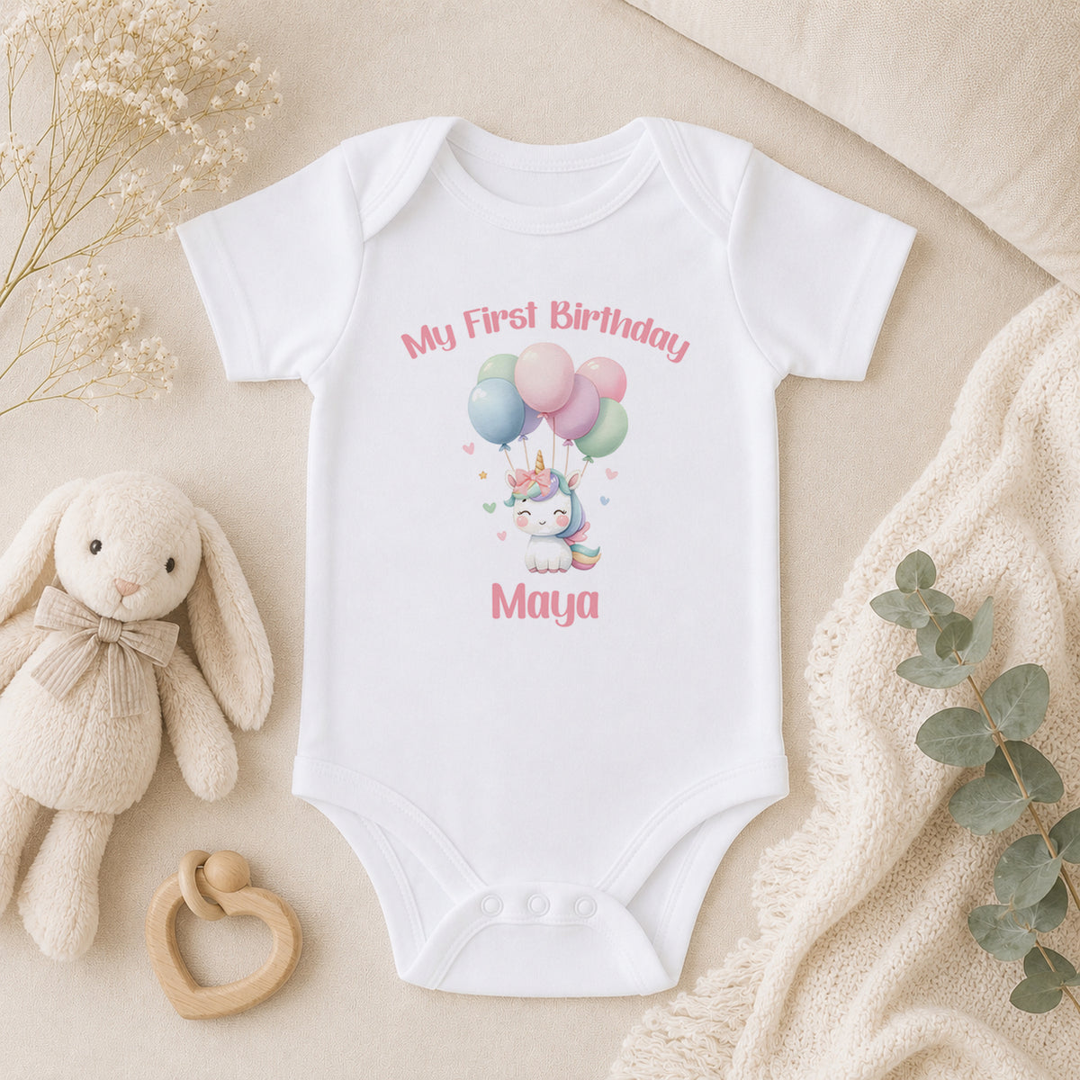 Personalised Unicorn & Balloons First Birthday baby vest