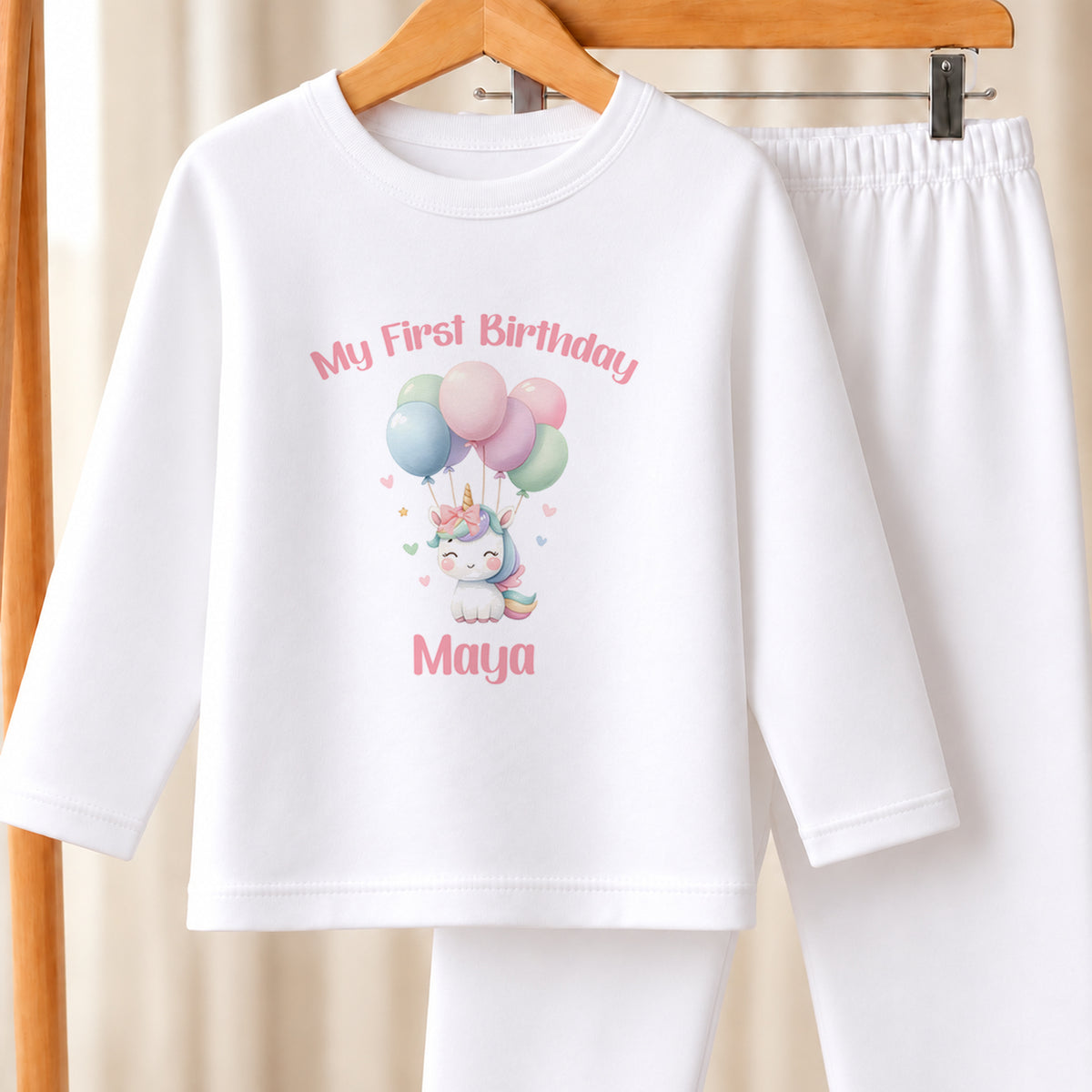Personalised Unicorn & Balloons First Birthday white pyjamas
