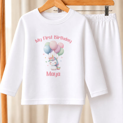 Personalised Unicorn & Balloons First Birthday white pyjamas