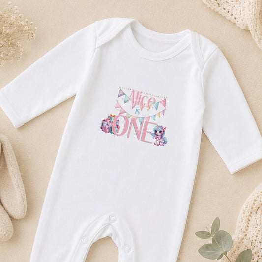 Personalised Unicorn First Birthday sleepsuit