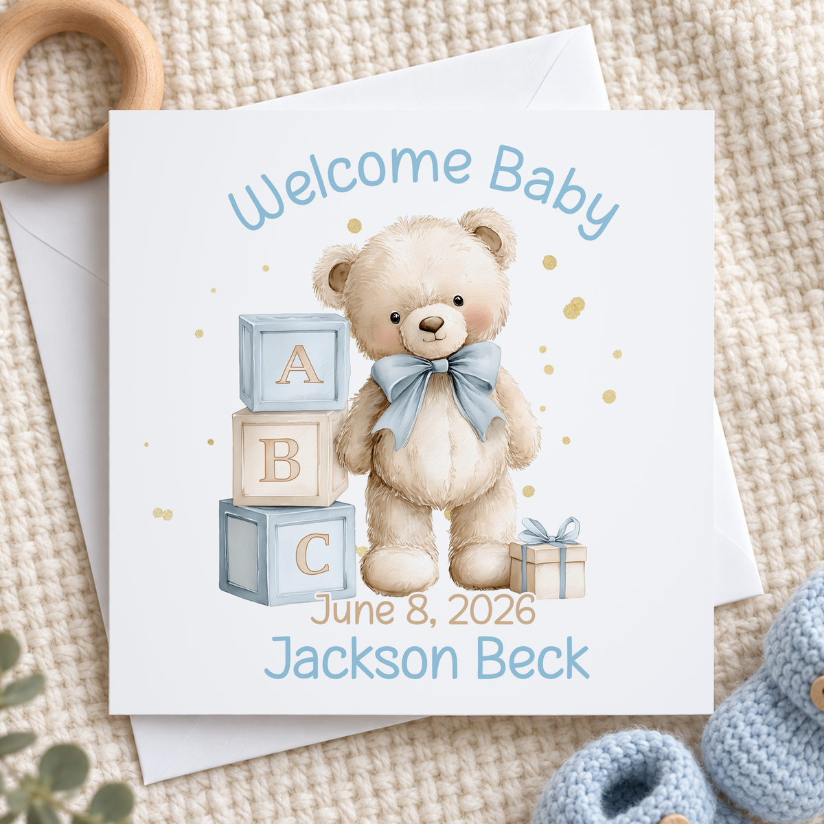 Welcome Baby Boy Card – Personalised Teddy Bear & Alphabet Blocks Design