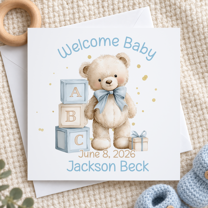 Welcome Baby Boy Card – Personalised Teddy Bear & Alphabet Blocks Design