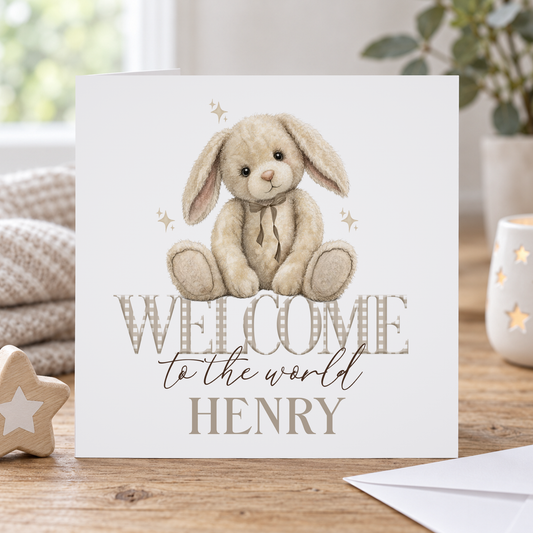Welcome Baby Card – Personalised Beige Bunny Keepsake
