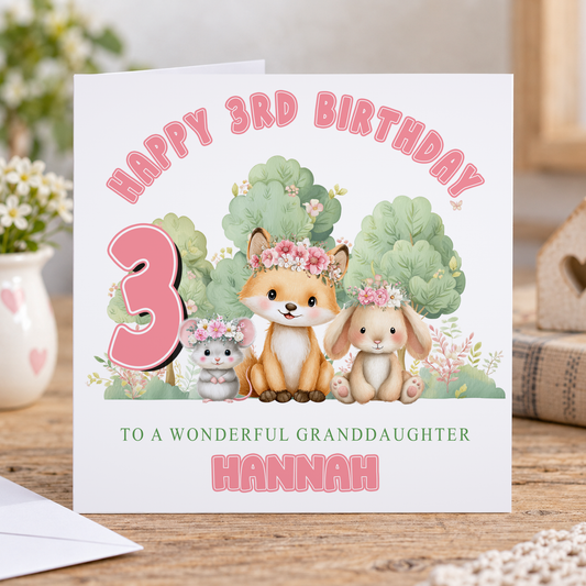 Woodland Friends Birthday Card – Personalised Bunny & Fox Design, 6x6 Luxury