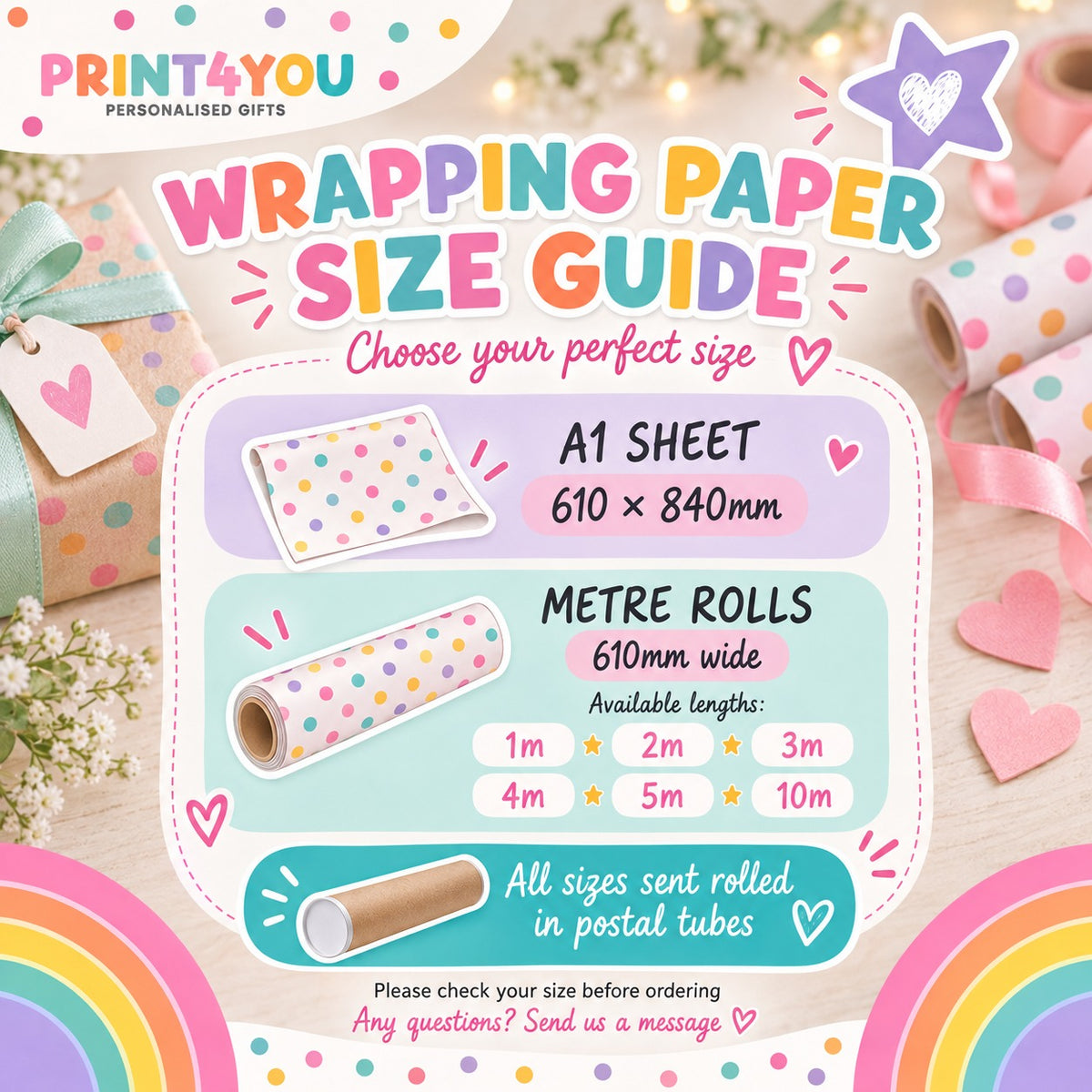 Wrapping paper size guide – A1 sheet or metre rolls 61cm wide in 1m, 2m, 3m, 4m, 5m and 10m lengths, all sent rolled in postal tubes