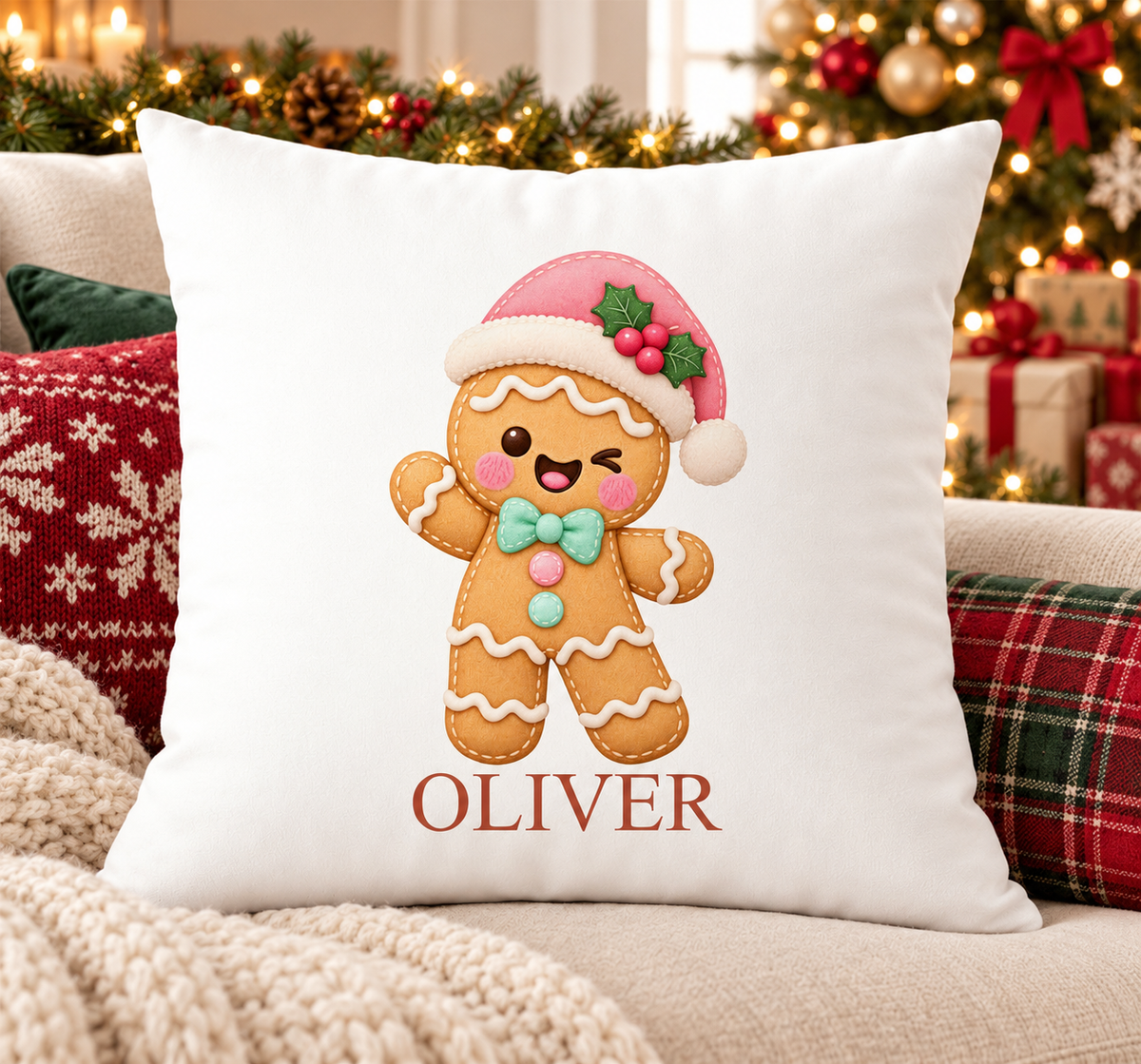 Personalised white Christmas cushion with a cheeky gingerbread man in a pink Santa hat and a name printed underneath, on a festive sofa