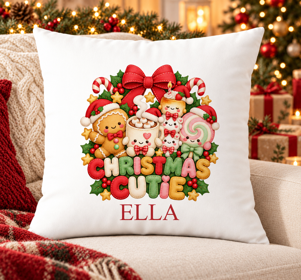 Personalised white Christmas cushion with a bright 'Christmas Cutie' design with gingerbread, cocoa and sweets and a name printed underneath, on a festive sofa