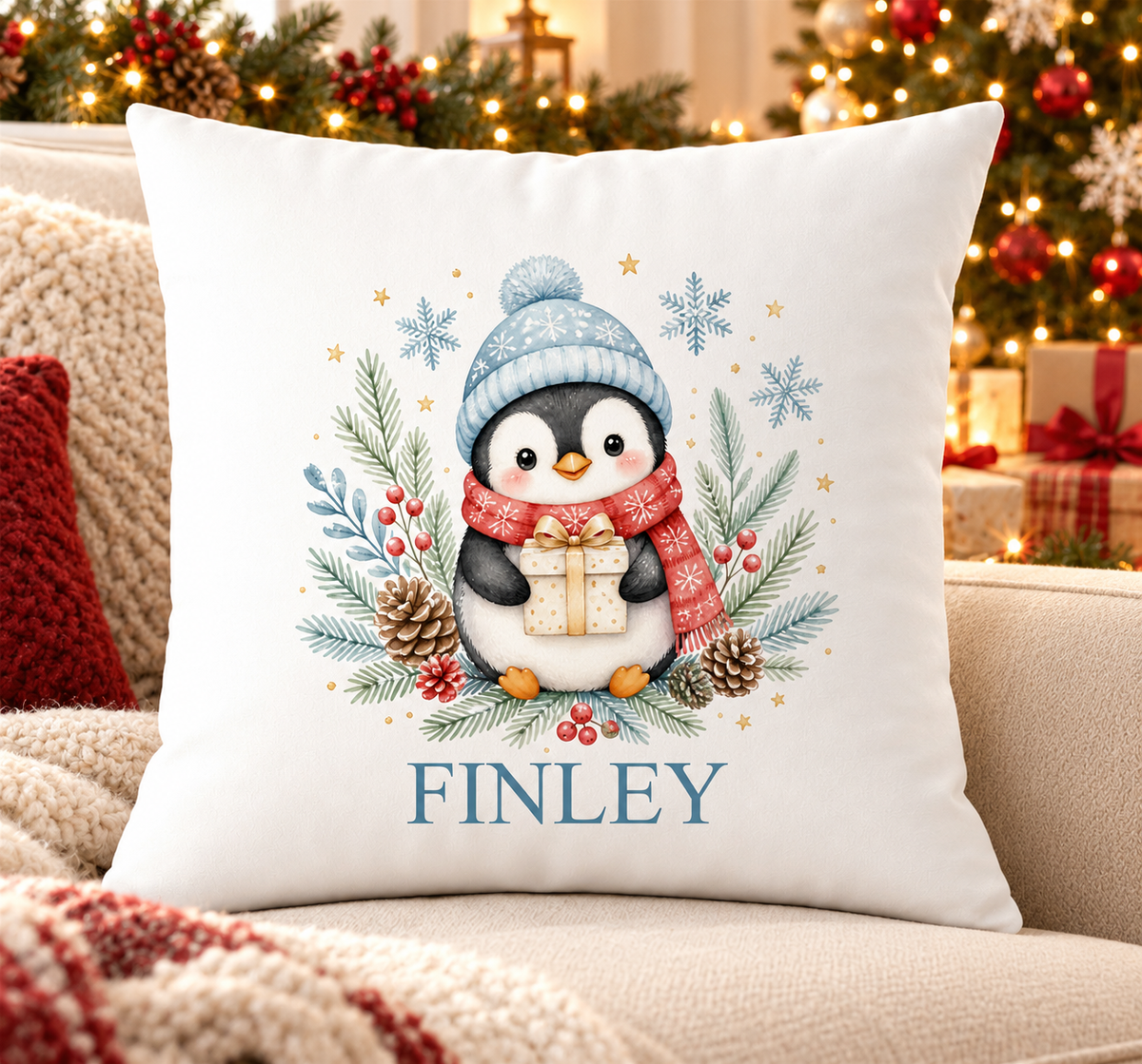 Personalised white Christmas cushion with a penguin in a blue bobble hat holding a present and a name printed underneath, on a festive sofa