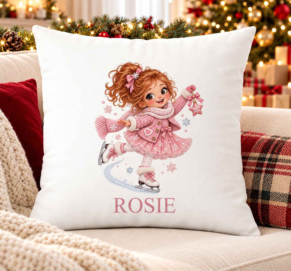 Personalised white Christmas cushion with a girl ice skating in a pink coat and a name printed underneath, on a festive sofa