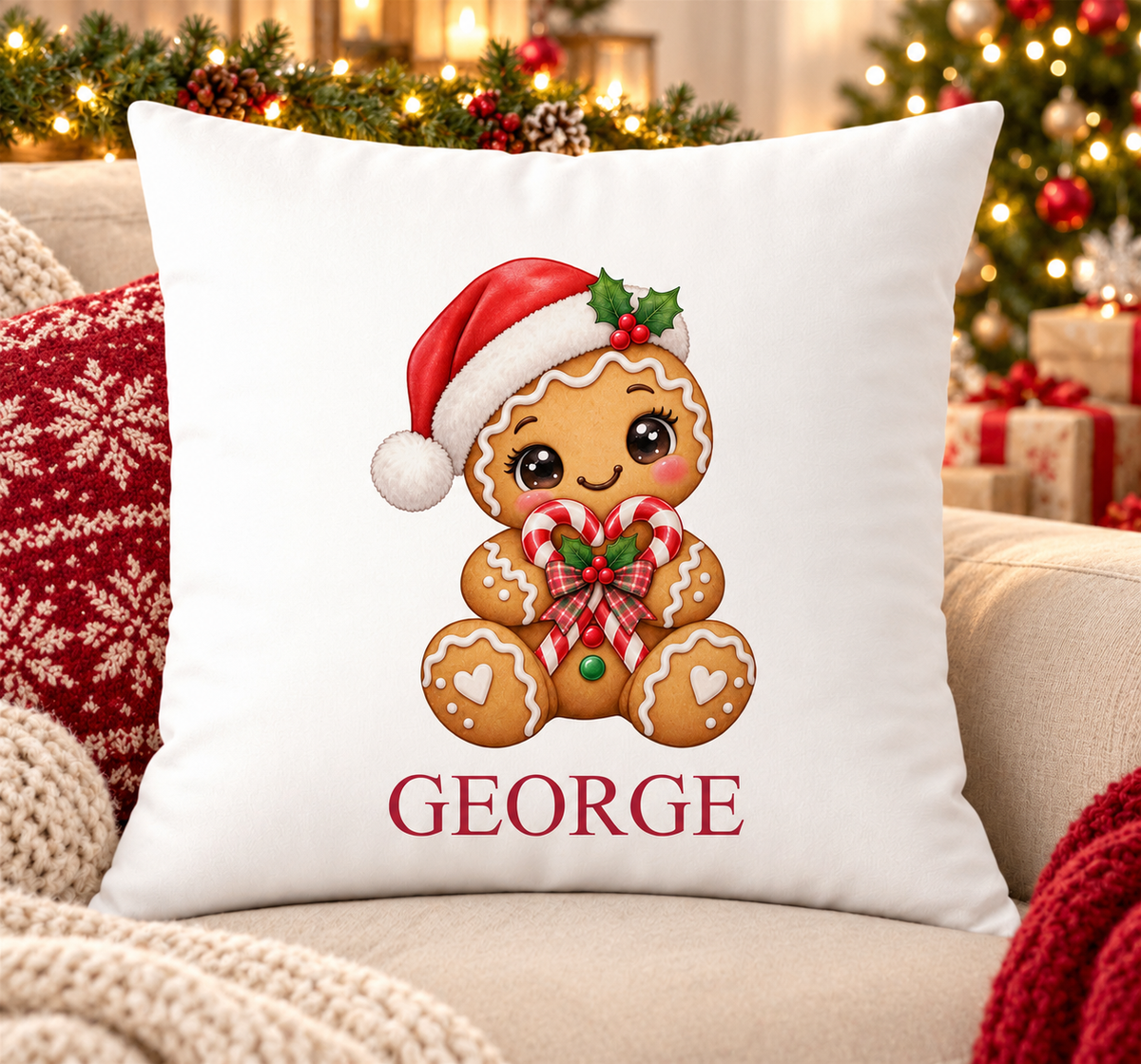Personalised white Christmas cushion with a gingerbread bear in a Santa hat holding a candy cane heart and a name printed underneath, on a festive sofa