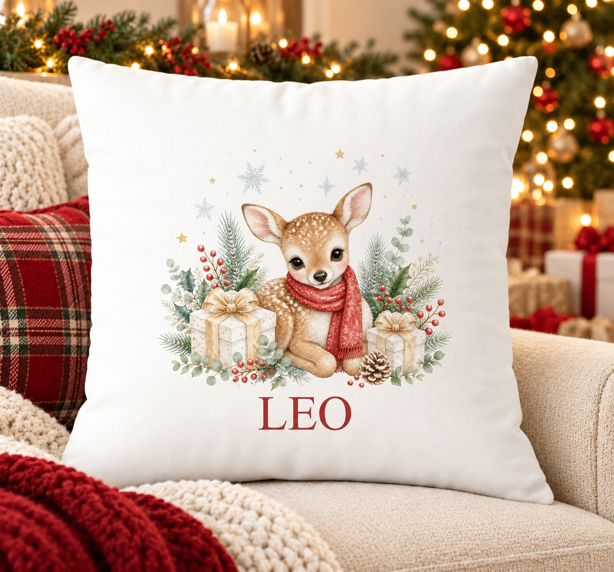Personalised white Christmas cushion with a baby deer in a red scarf among presents and berries and a name printed underneath, on a festive sofa
