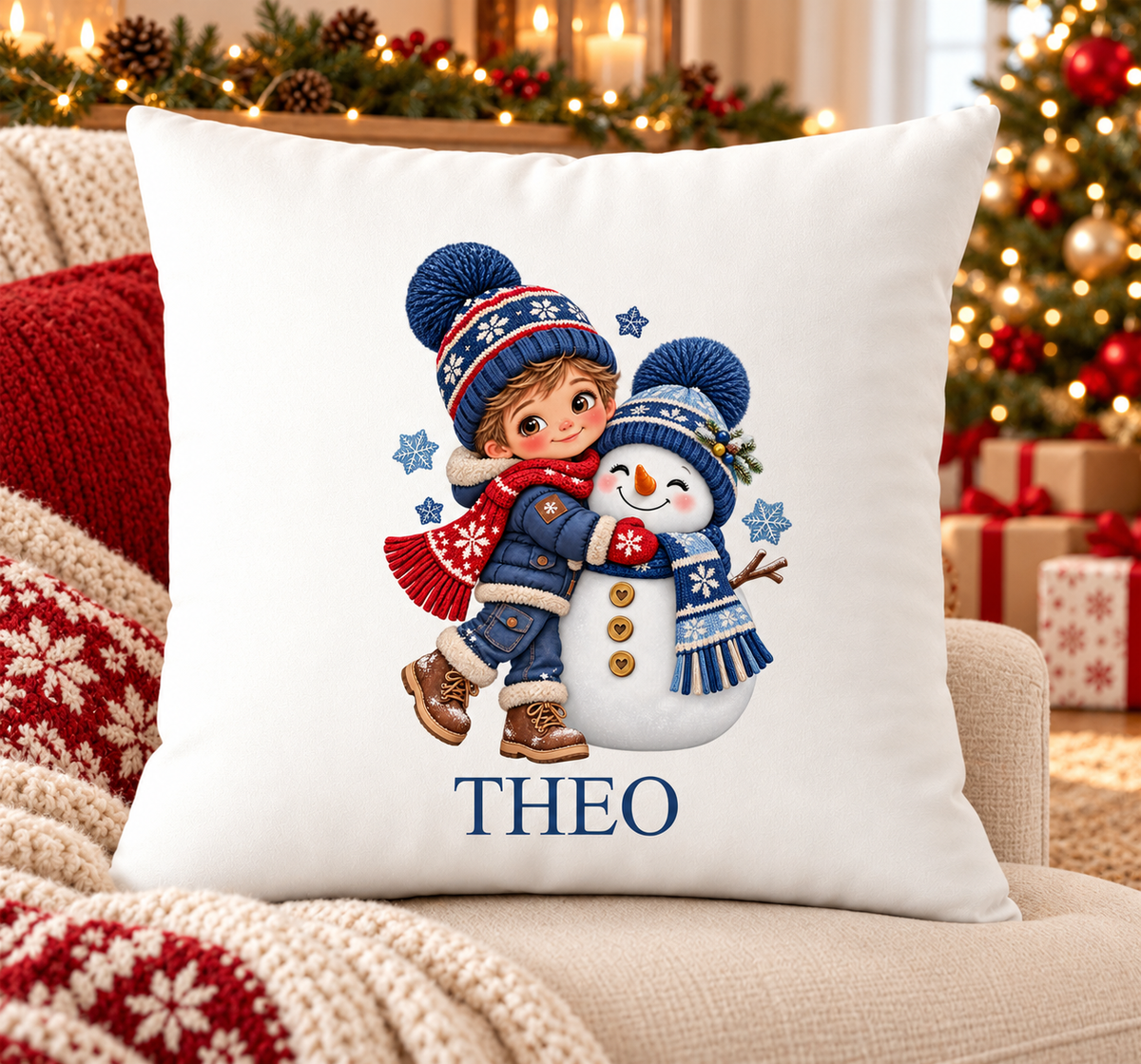 Personalised white Christmas cushion with a boy in a navy bobble hat hugging a snowman and a name printed underneath, on a festive sofa