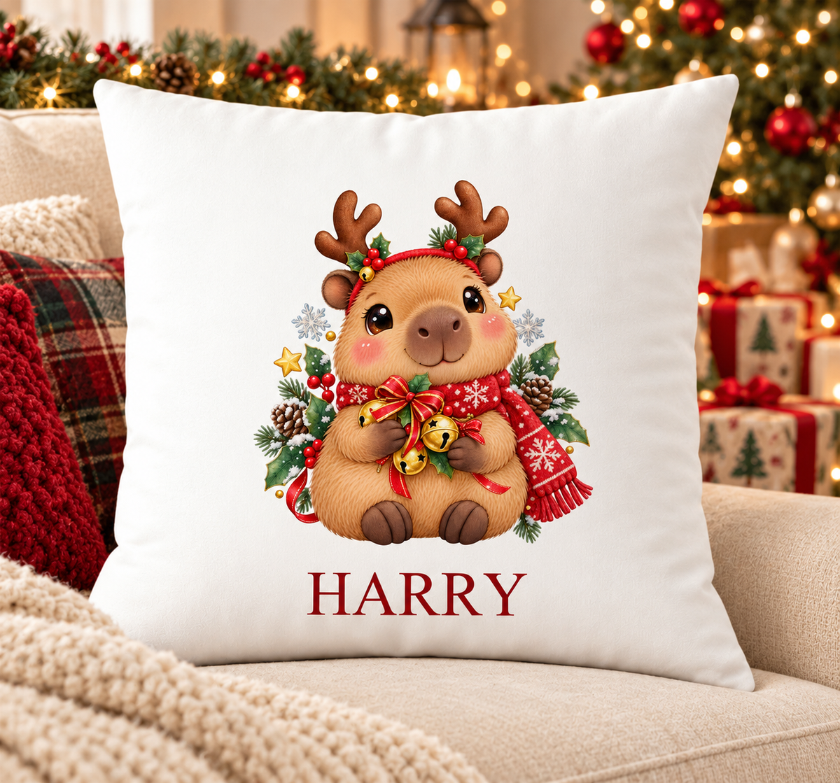 Personalised white Christmas cushion with a capybara wearing reindeer antlers and a red scarf and a name printed underneath, on a festive sofa
