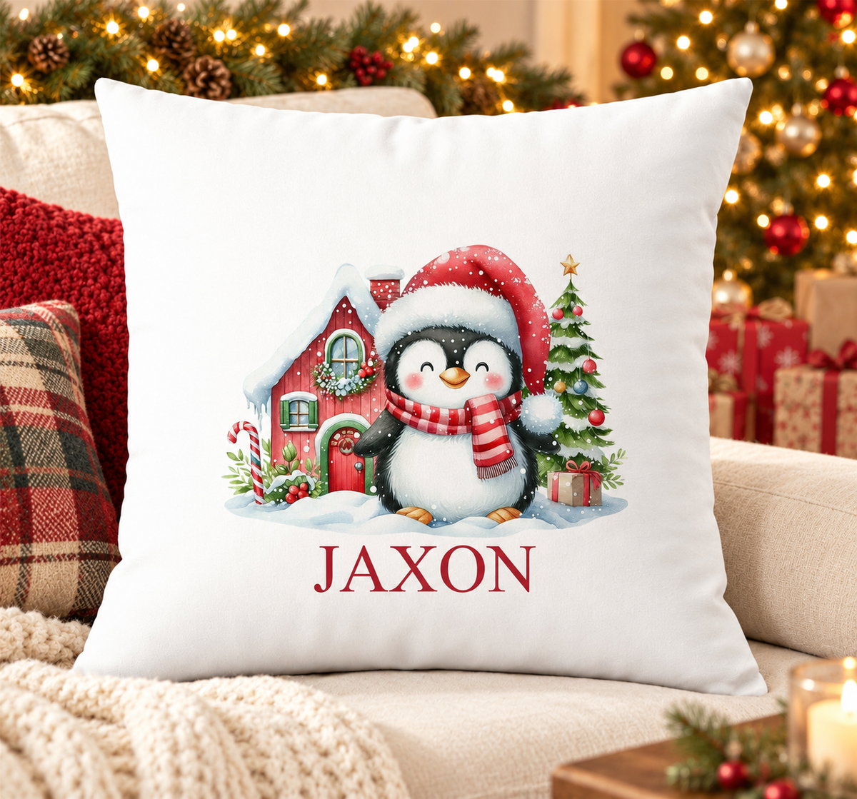 Personalised white Christmas cushion with a penguin in a Santa hat beside a red cottage and tree and a name printed underneath, on a festive sofa