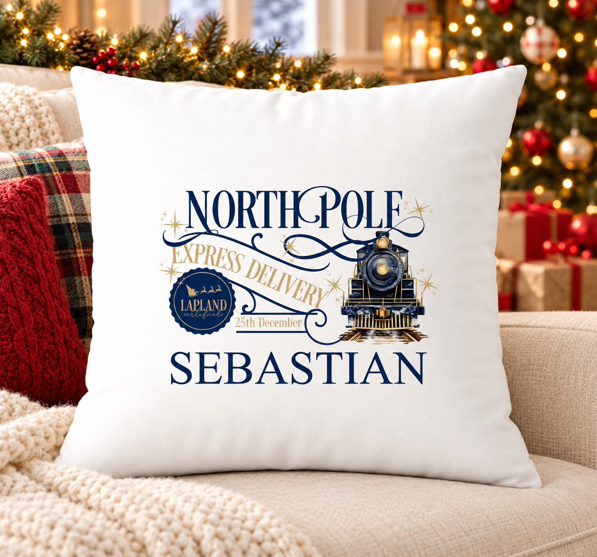 Personalised white Christmas cushion with a navy 'North Pole Express Delivery' design with a steam train and a name printed underneath, on a festive sofa