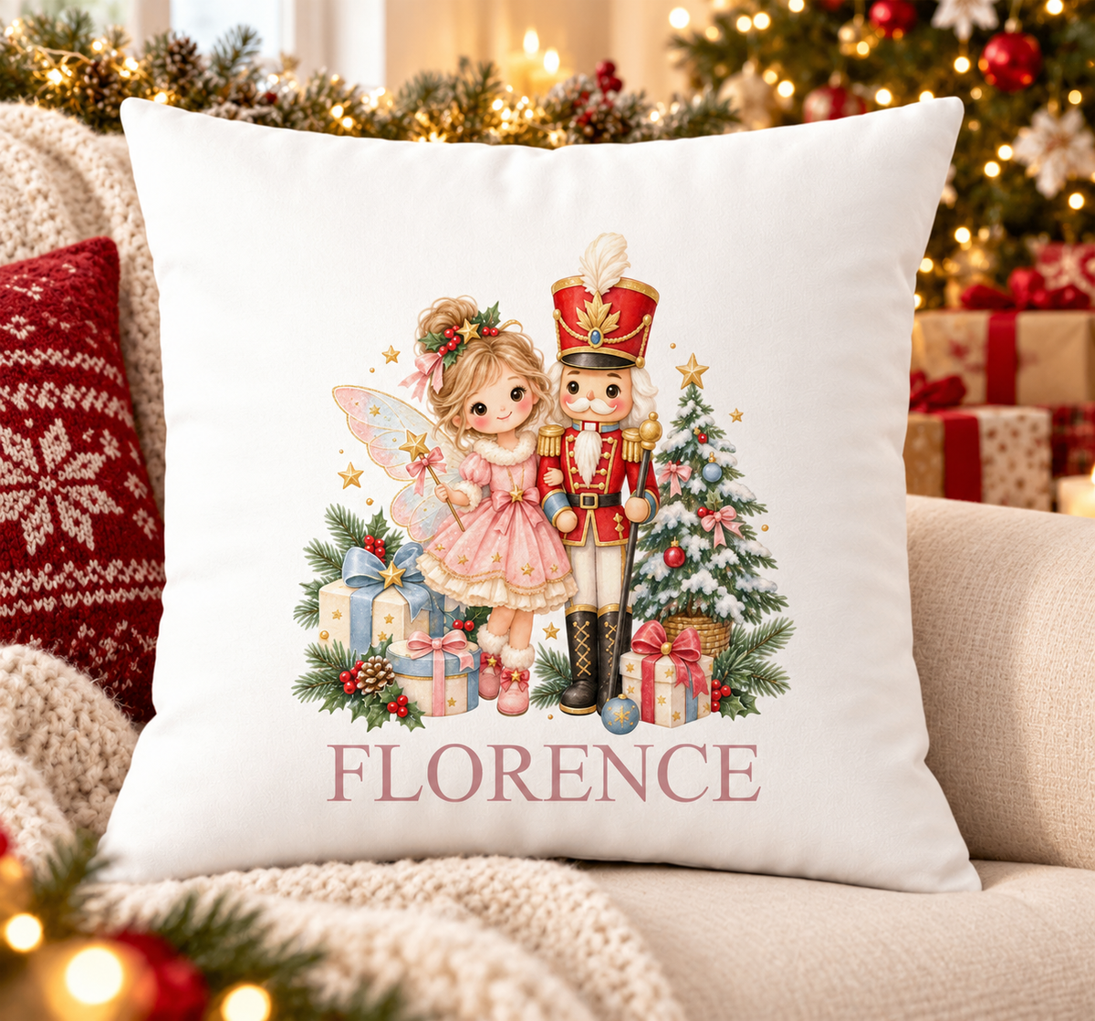Personalised white Christmas cushion with a pink fairy with a nutcracker soldier beside a Christmas tree and a name printed underneath, on a festive sofa