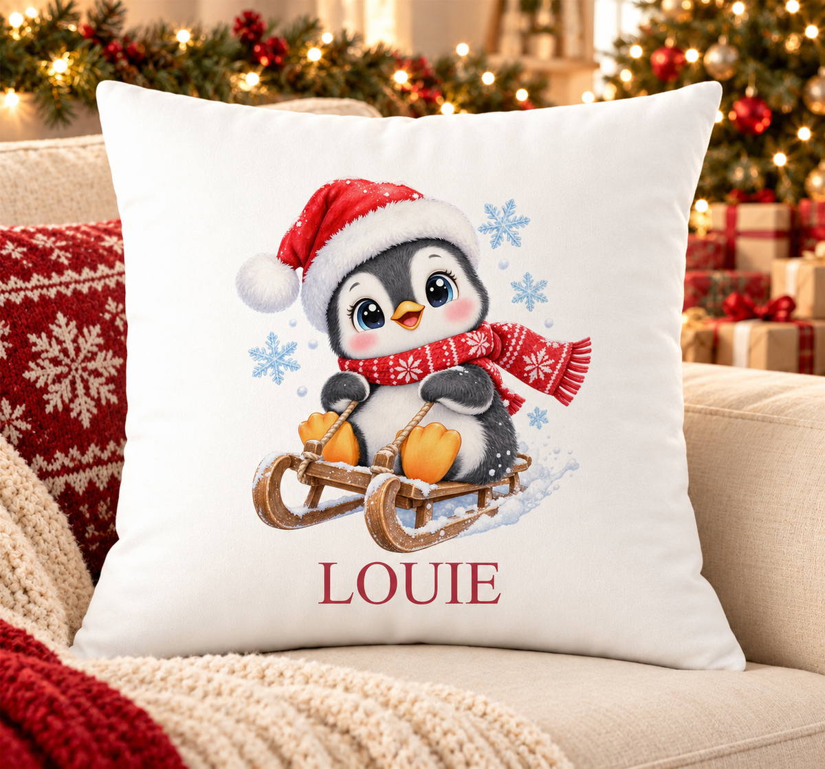 Personalised white Christmas cushion with a penguin in a Santa hat riding a wooden sledge and a name printed underneath, on a festive sofa