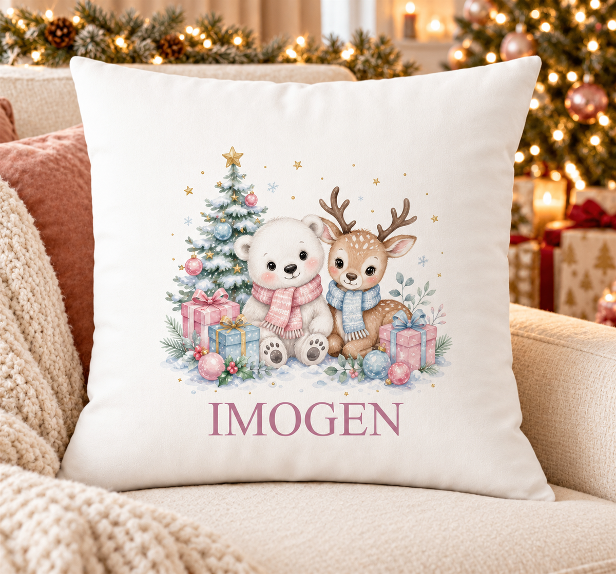 Personalised white Christmas cushion with polar bear cub and fawn in scarves with pastel presents and a name printed underneath, on a festive sofa