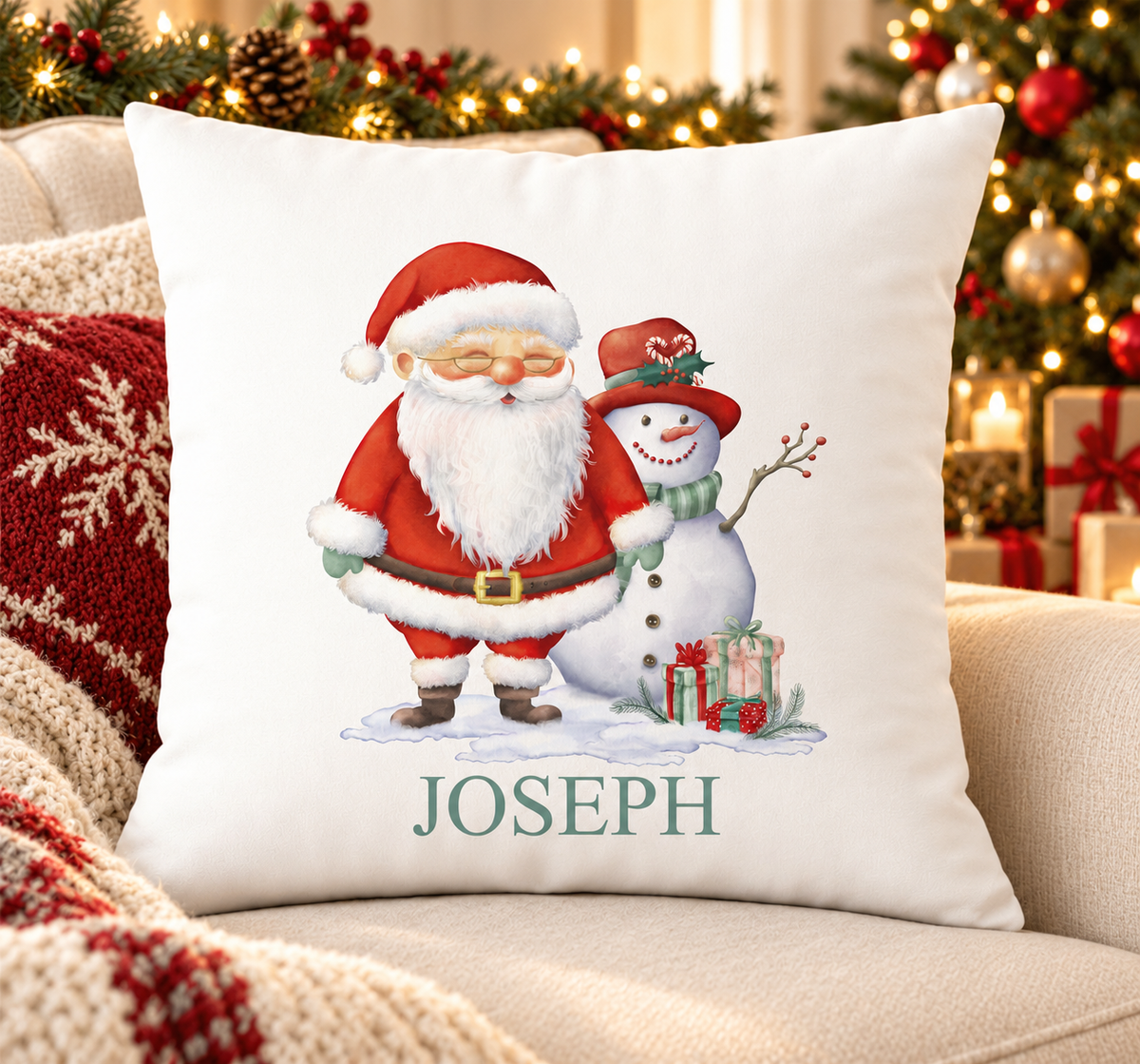 Personalised white Christmas cushion with a jolly Santa standing with a snowman and a name printed underneath, on a festive sofa