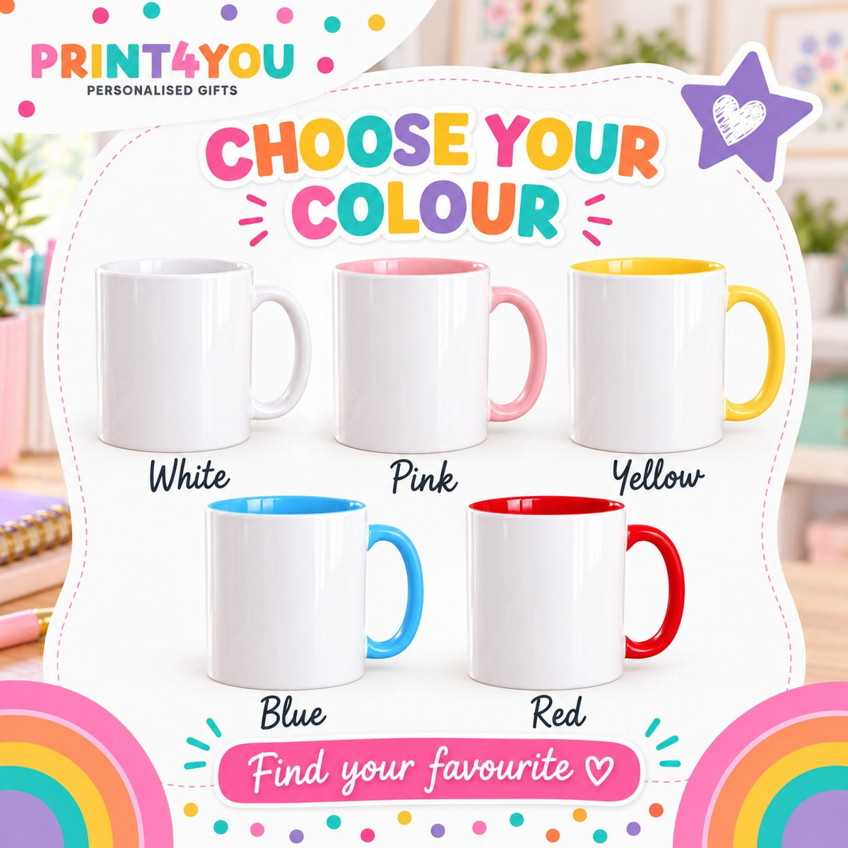 Choose your colour – plain white mug or white mug with red handle and inside