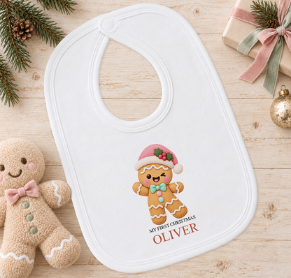 Personalised Gingerbread Santa Hat baby Christmas bib with a custom name